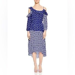 Sandro Paris Off-Shoulder Ruffle Midi Dress – Blue Print, NWT